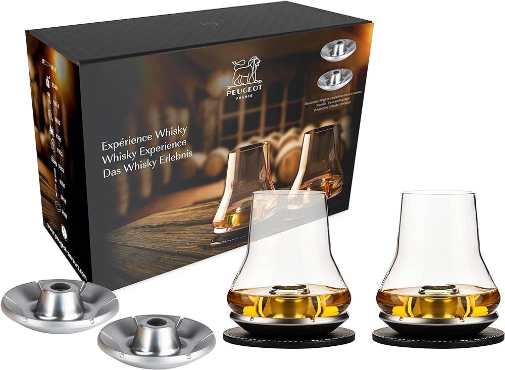 PEUGEOT WHISKY ATMOSPHERE SET 2 GLAZEN MET KOELENDE ONDERZETTER