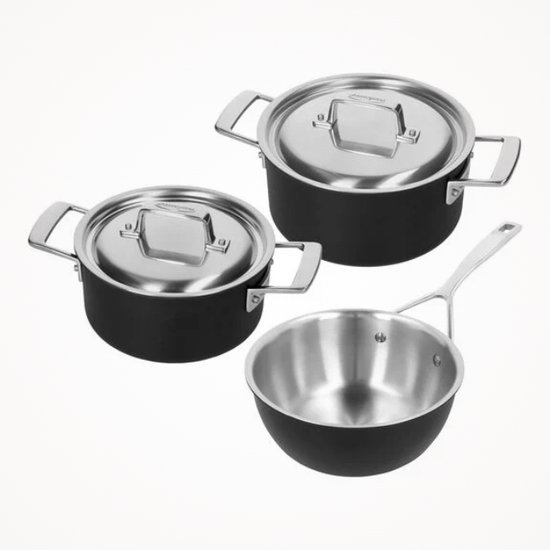 Demeyere Black 5 set van 3: kookpot 18cm + kookpot 20cm + conische sauteuse 20cm