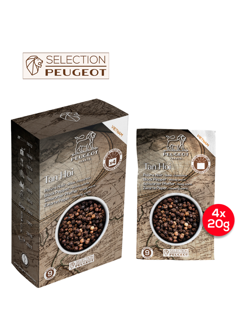 PEUGEOT doos met 4 zakjes Tan hoi zwarte peper 80g (4*20g) EPICES 