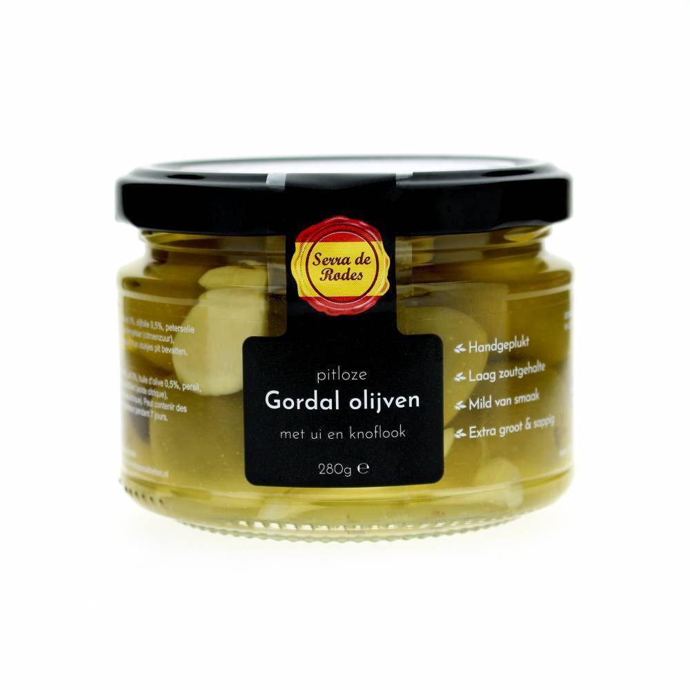 Pitloze Gordal olijven met ui & knoflook 280 gram