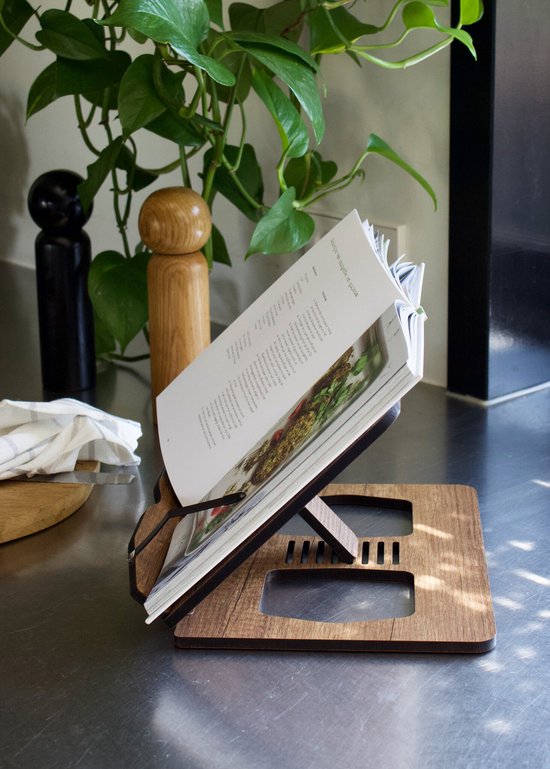 Kookboek Standaard - Cookbook Stand - Tablethouder - Walnoot - Verstelbaar In 8 Standen incl onderzetter
