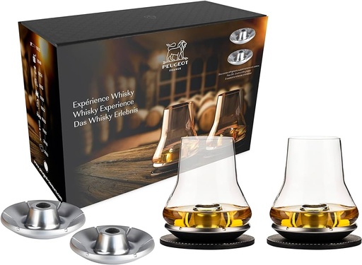 PEUGEOT WHISKY ATMOSPHERE SET 2 GLAZEN MET KOELENDE ONDERZETTER