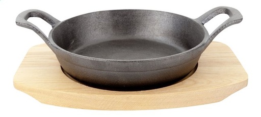 GIETIJZER GRATINSCHOTEL RD 15.5CM OP BERKENHOUTEN PLANKJE