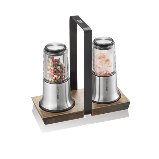 GEFU PEPER EN ZOUT SET RVS OP TRAY VAN ACACIAHOUT